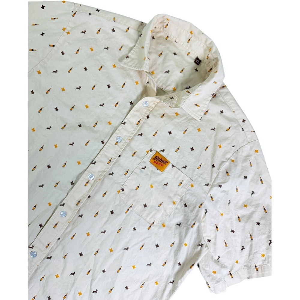 Shiner Bock Beer Button Up Shirt Mens XL Texas Brewery Print Short Sleeve
